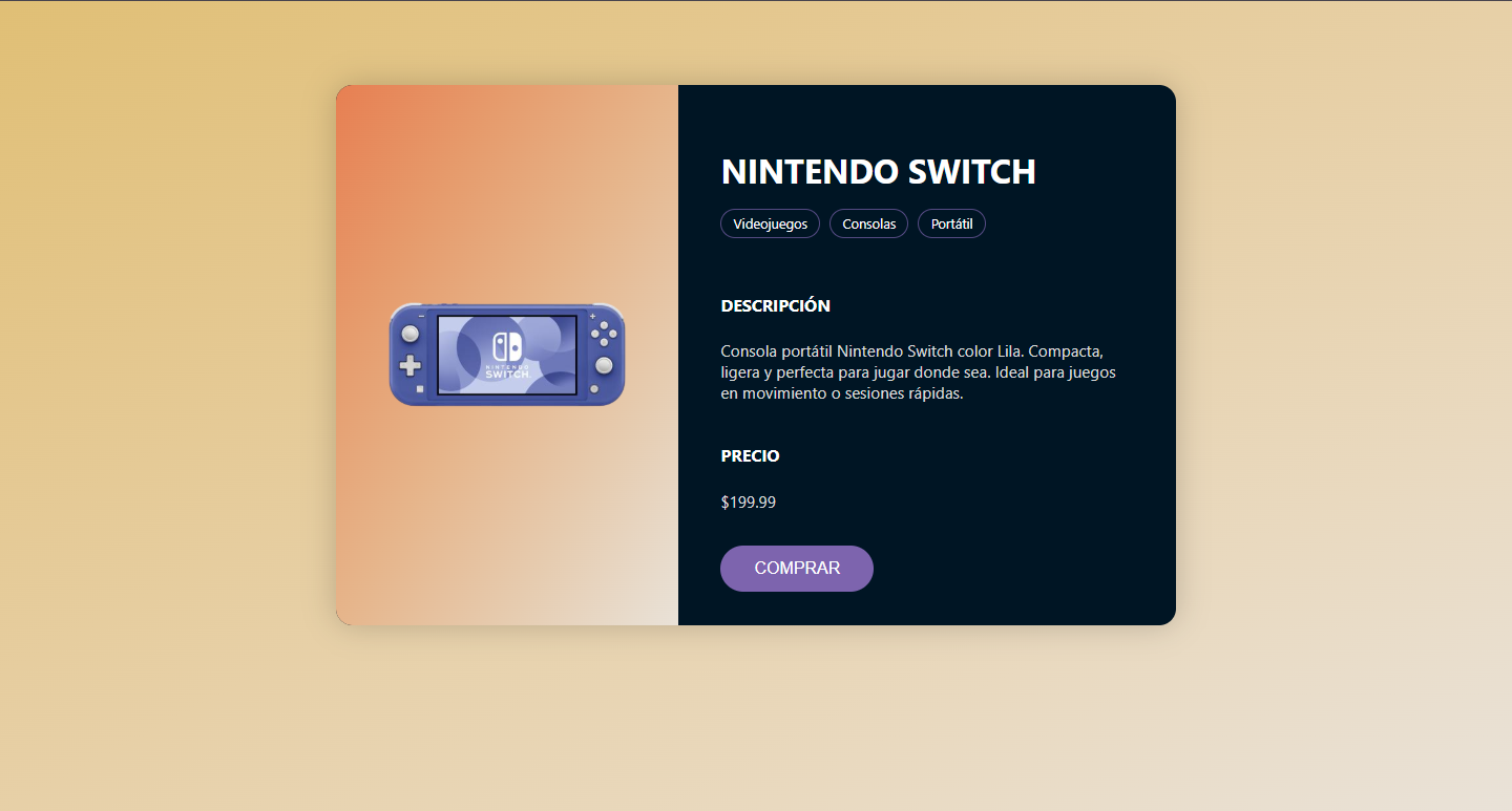 Captura del sitio con la card de producto